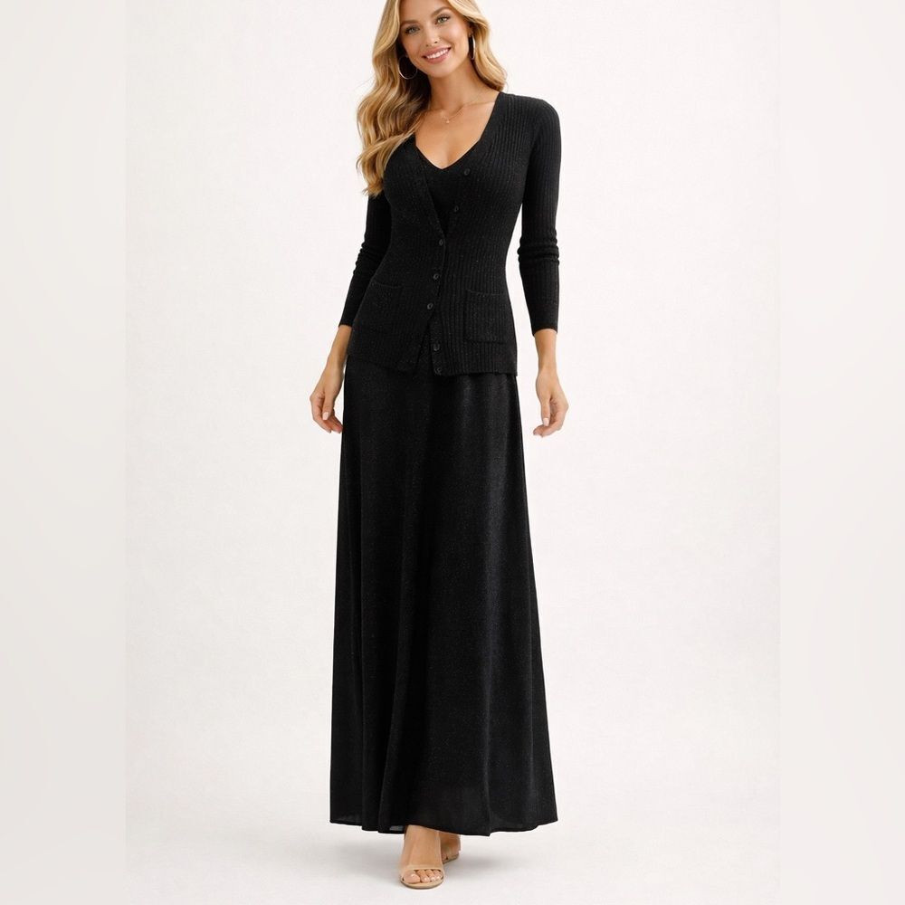 Vintage Roncelli Black Lurex Knit Maxi Dress & Cardigan Set Glam Evening
